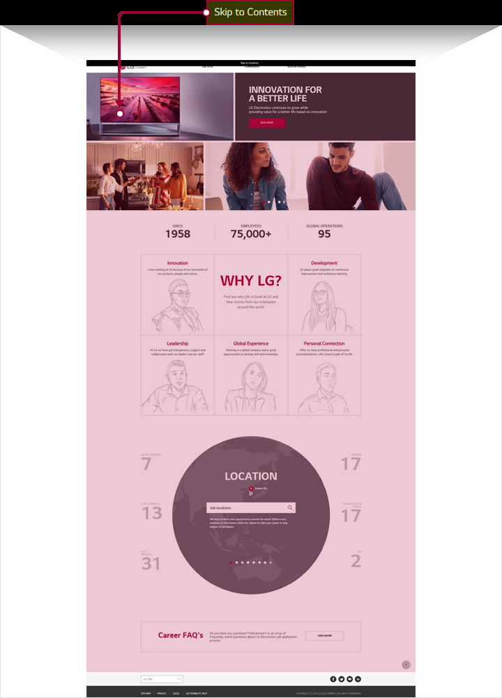 This image shows the main page on globalcareers.lg.com with a link that reads "Skip to Contents"